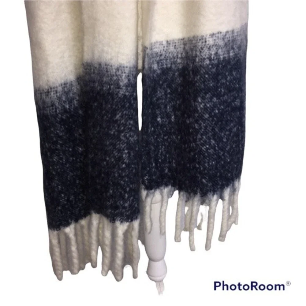Extra Large Fringed Scarf Cream Blue Wrap Warm Soft